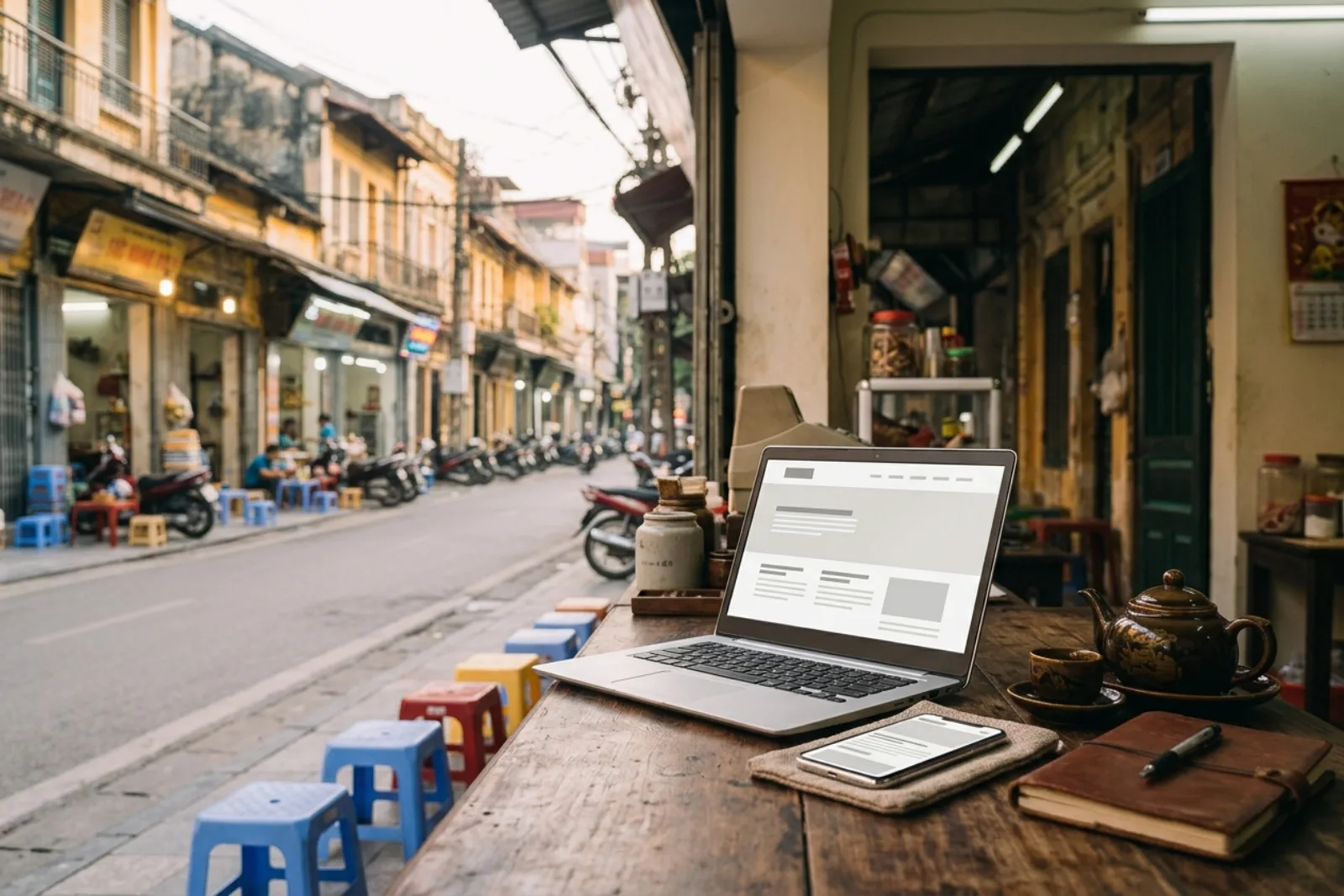 Máy tính xách tay mở trên quầy, hiển thị trang web vừa bàn giao